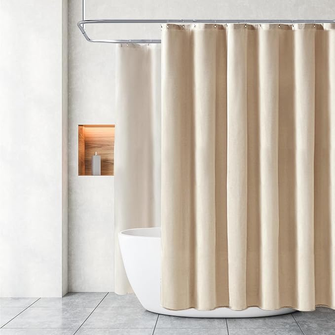 Linen Ivory Shower Curtain Cream, Linen Textured Heavy Duty 230GSM Fabric - Image 2