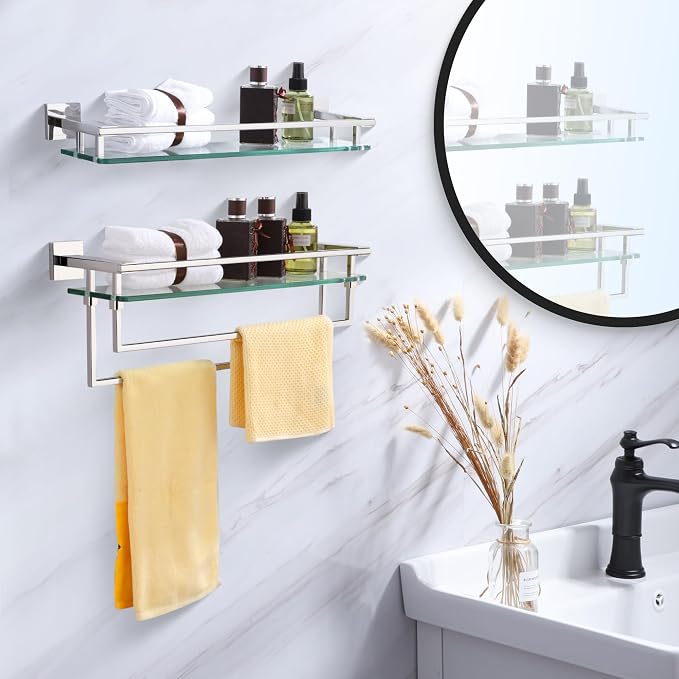 LANC Chrome Bathroom Shelf Glass Shelves 20-Inch Floating Tempered Glass Shelf - Image 7