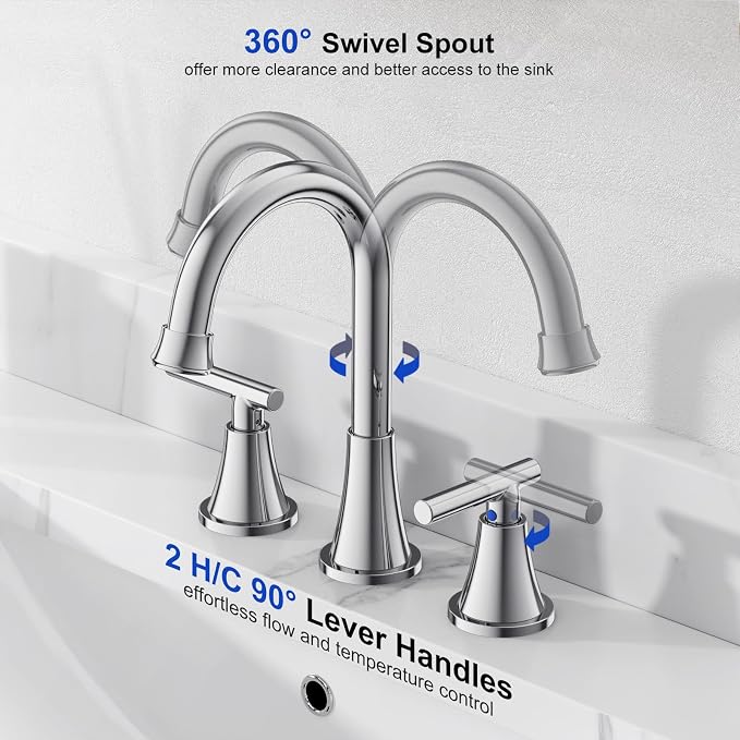 Bathroom Faucets for Sink 3 Hole, Hurran Chrome Bathroom Sink Faucet - Image 3