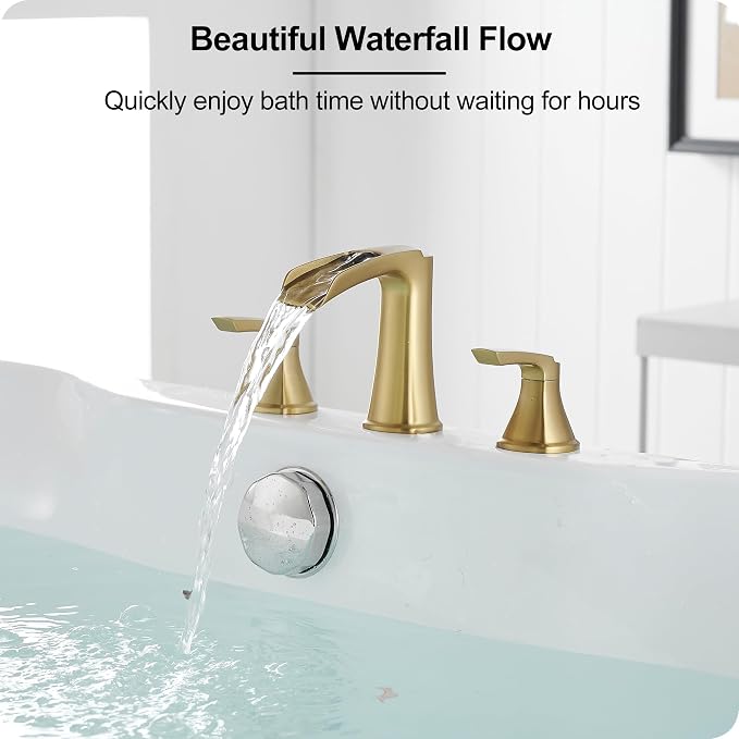 Brass Waterfall Tub Faucet, 3 Hole Brushed Gold Bathtub Faucet Set, 6-16 Inch - Image 8