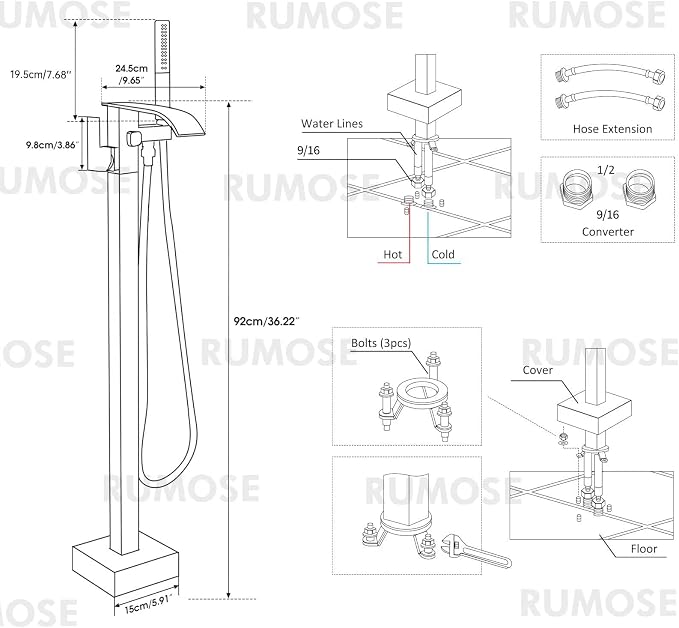 RUMOSE Tub Filler Freestanding Bathtub Faucet Brushed Gold Floor Mount Tub - Image 7