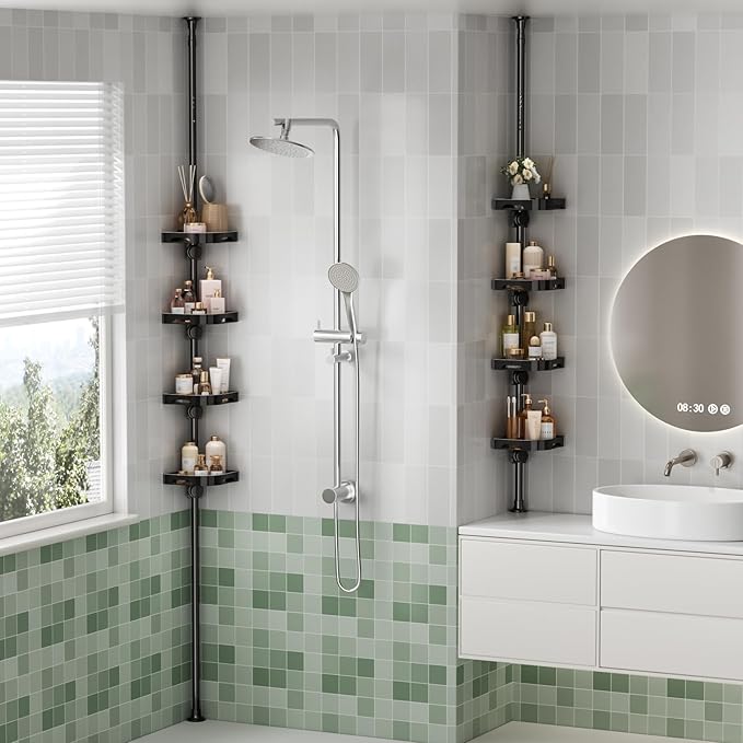 Tension Pole Shower Caddy Organizer with4 Tier L-Shaped Rust Resistant Bathroom - Image 8