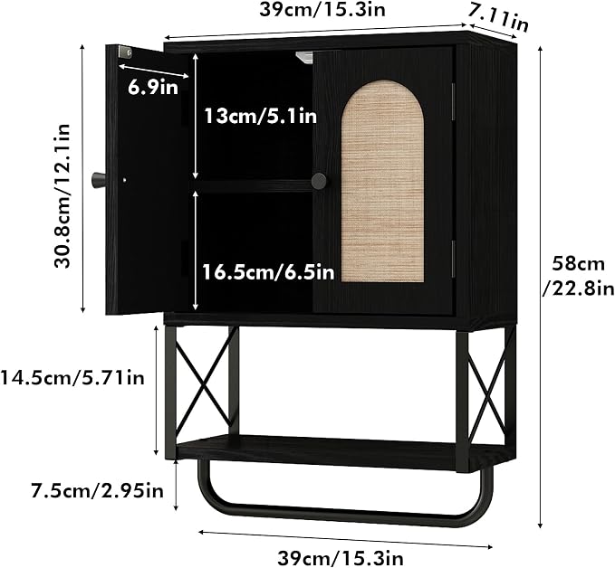 RUSTOWN Rattan Bathroom Wall Cabinet, Boho Over The Toilet Storage Cabinet - Image 2