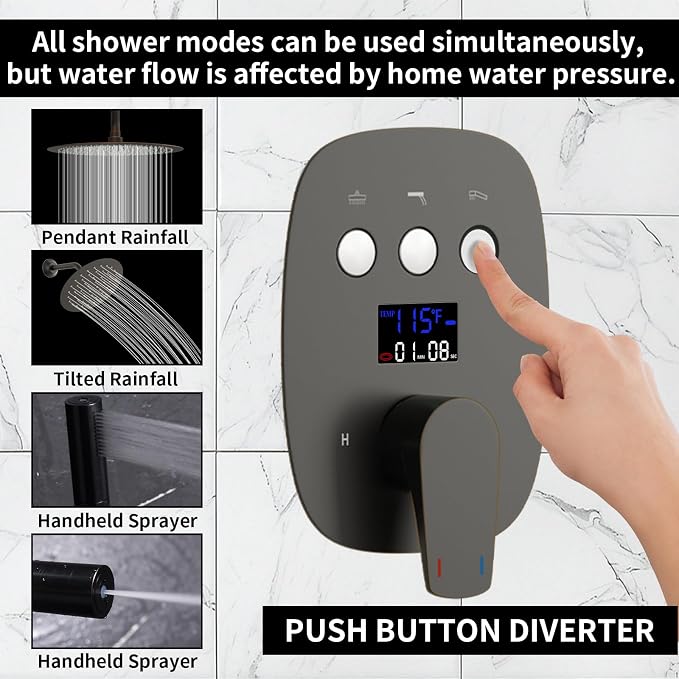 Shower Faucet Set Matte Black Shower System Temperature Display Diverter Shower - Image 3