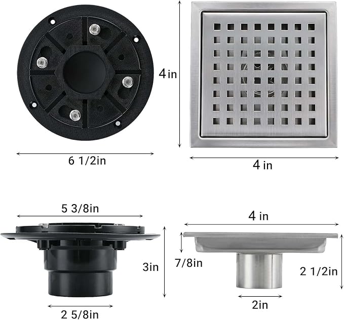 4 Inch Square Shower Floor Drain, Stainless Steel Black Shower Drain Kit - Image 6