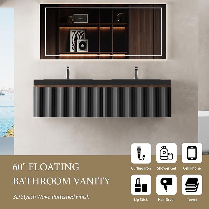 60'' Modern Floating Bathroom Vanity Sink Combo, Wall-Mounted Striped Cabinet - Image 2