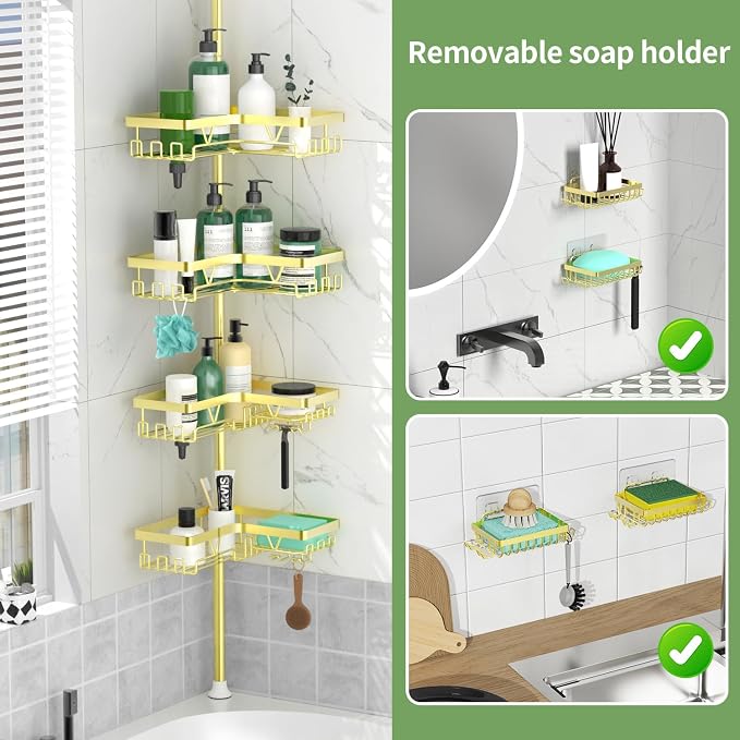 Shower Caddy Tension Pole with 2 Soap Holders, Adjustable Corner Shower Caddy - Image 3