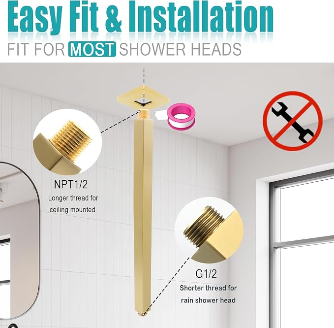 Brushed Gold Shower Arm with Flange and Teflon Tape - Image 3