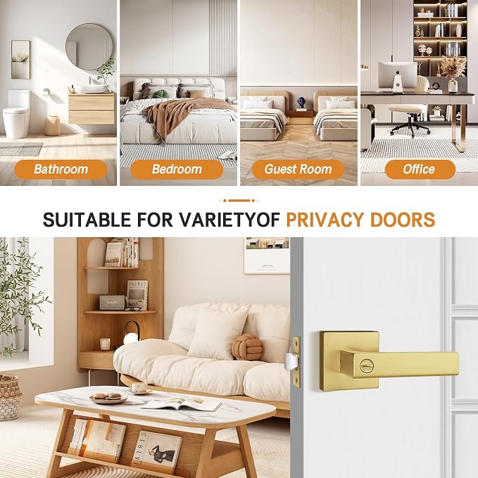 Probrico Heavy Duty Flat Gold Door Handles Square Privacy Interior Door Levers - Image 4