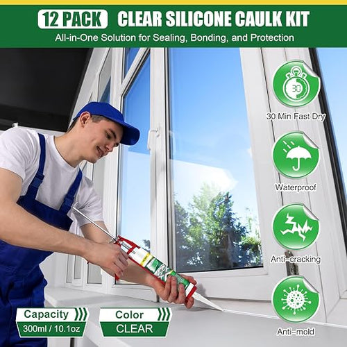 12 Pack Clear Silicone Sealant Caulk, 10.1 oz 100% Waterproof Silicone Sealant - Image 2
