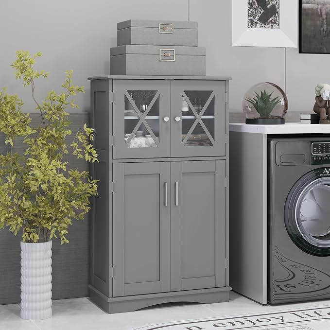 Tangkula Freestanding Floor Cabinet w/2 Glass Doors, 3-Level Adjustable Shelves - Image 4