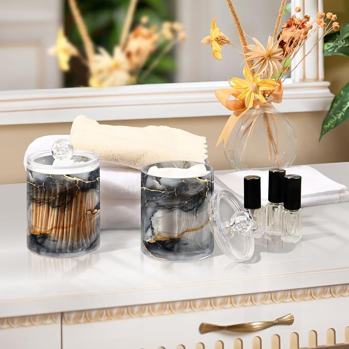 MNSRUU 4 Pack Qtip Holder Organizer Dispenser Abstract Black White Gold Marble - Image 6