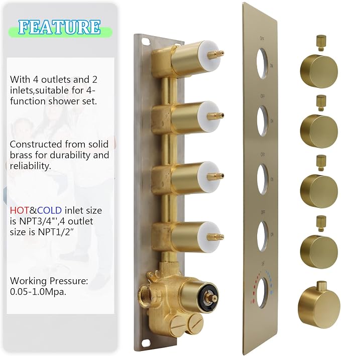 HOMEDEC 4 Way Shower Valve Rough-In and Trim Kit, 5 Handle Control Thermostatic - Image 6