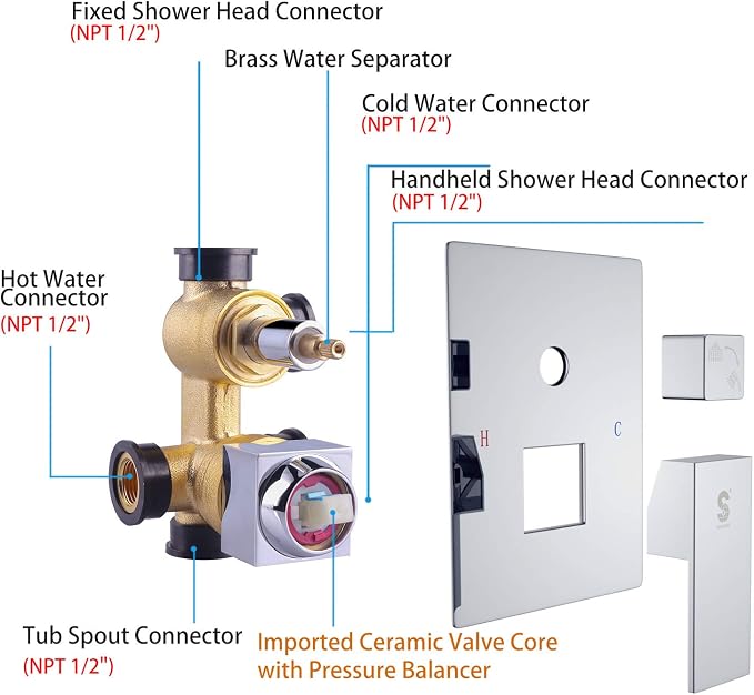 SR SUN RISE 12 Inches All Metal Bathtub Faucet Set Shower System - Image 3