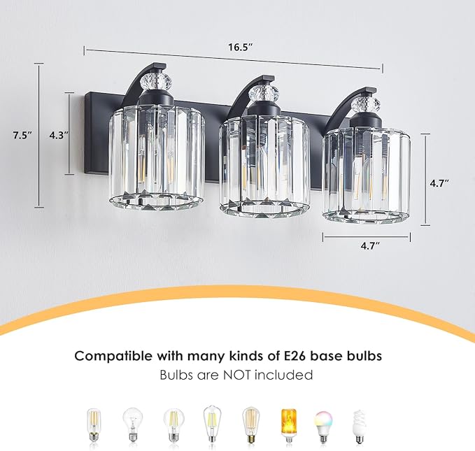 3-Light Black Bathroom Light Fixture Modern Vanity Lights Over Mirror Vintage - Image 3