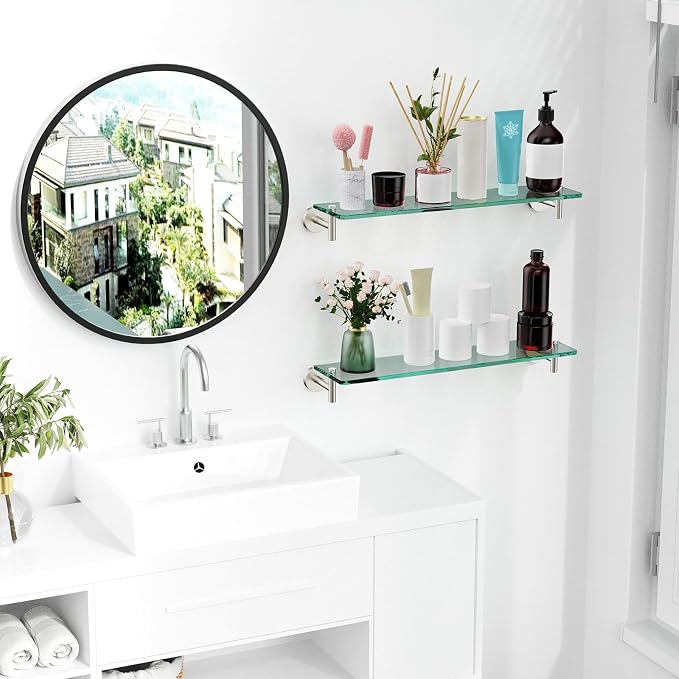 Glass Shelves for Bathroom, 16-Inch Brushed Nickel Floating Bathroom Shelf - Image 2