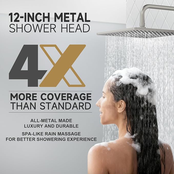 Lava Odoro 12-inch Square Bathtub and Shower Faucet Set Brushed Nickel - Image 5