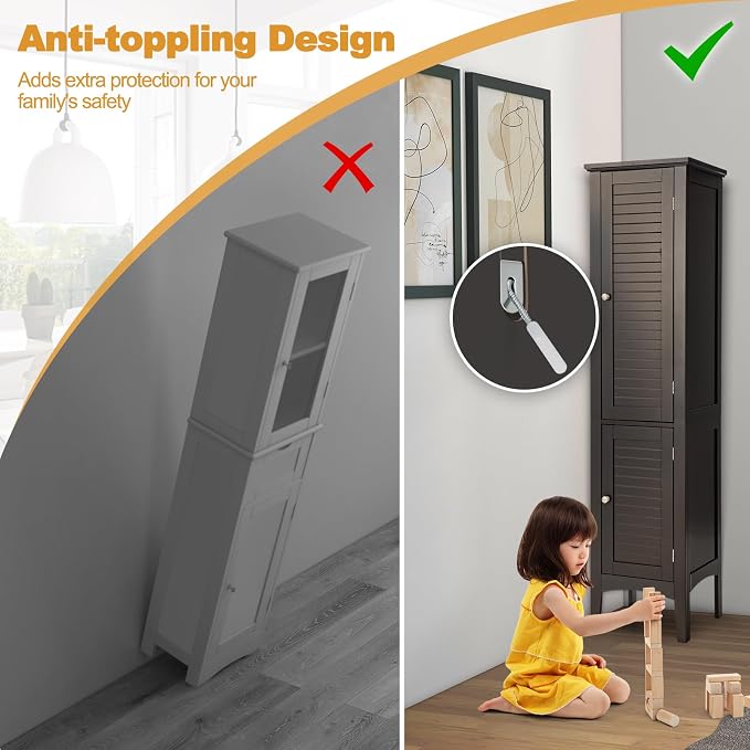 COSTWAY Tall Bathroom Storage Cabinet, 5-Tier Freestanding Linen Tower Cabinet - Image 7