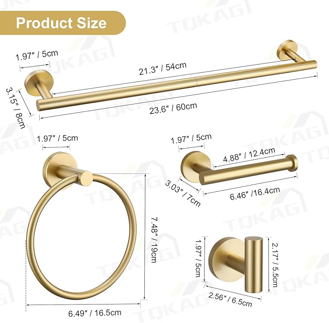TQKAG Brushed Gold Bathroom Hardware Set 6-Piece Bathroom Accessory Set 23.6 - Image 6