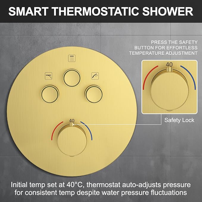 KOJOX Brushed Gold Thermostatic Shower System, Push Button Diverter Shower - Image 5
