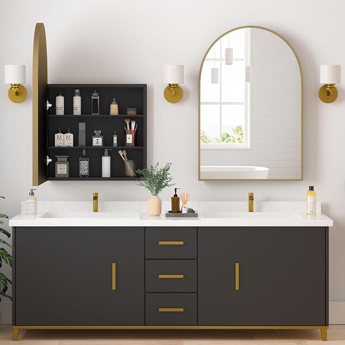 Medicine Cabinets for Bathroom, Brush Gold Arched Medicine Cabinet Recessed or - Image 8