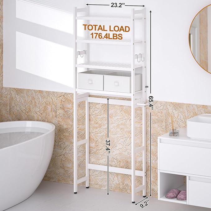 Over The Toilet Storage with 2 Baskets, 4-Tier Bamboo Organizer Rack with Paper - Image 6