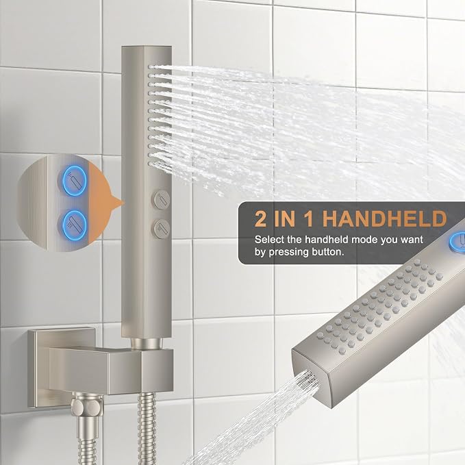 Rain Shower System Brushed Nickel Shower Faucet Set, Dual Rainfall Shower Head - Image 4