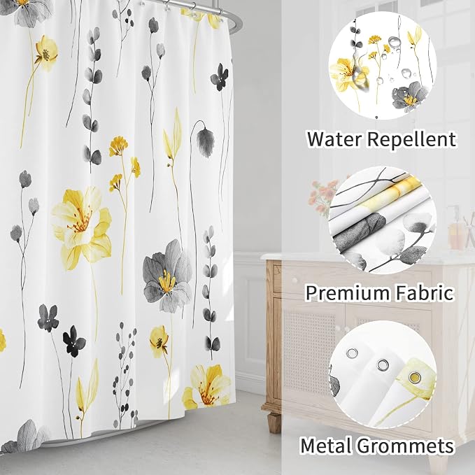 Gibelle Yellow and Grey Floral Shower Curtain, Watercolor Flower Shower Curtain - Image 3
