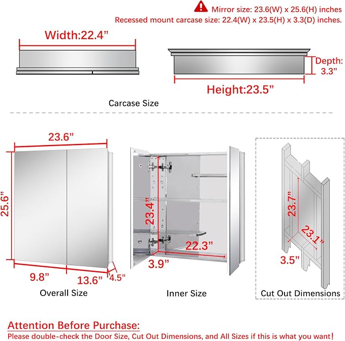 Fundin Stainless Steel Medicine Cabinet, Bathroom Mirror Cabinet, Surface Mount - Image 3