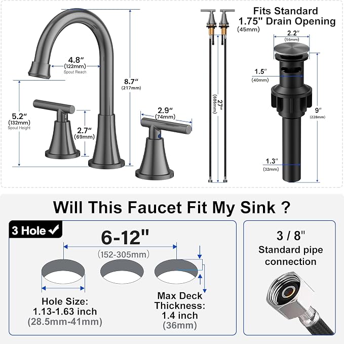 Bathroom Faucets for Sink 3 Hole, Hurran 8 inch Widespread Brushed Grey - Image 5