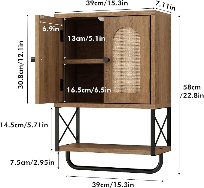 RUSTOWN Rattan Bathroom Wall Cabinet, Boho Over The Toilet Storage Cabinet - Image 2