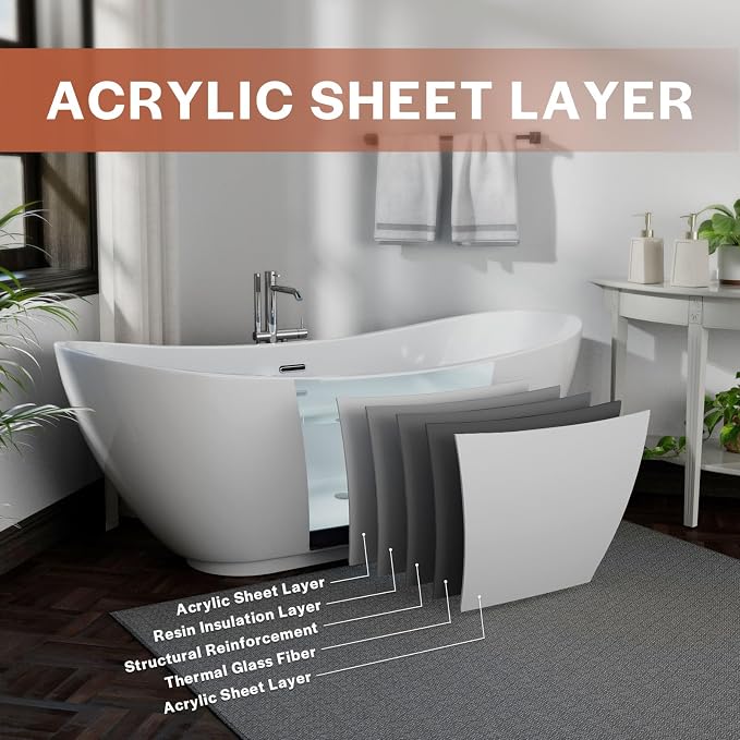 Empava 69" Freestanding Tub, Acrylic Contemporary Soaking White Tub - Image 5