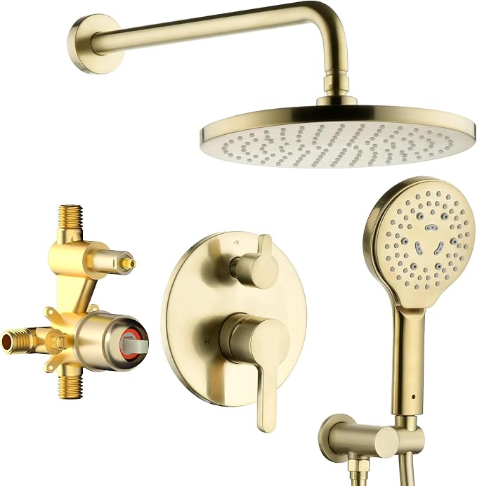 Brushed Gold Shower Faucet Set, Wall Mount Rain Shower System 10 Inches Shower by LAVATRUM