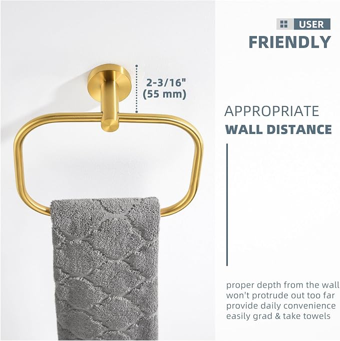 Angle Simple Square Towel Ring Brassy Gold, SUS 304 Stainless Steel Swivel Hand - Image 7