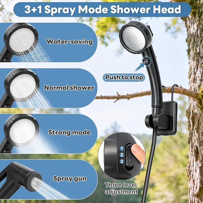 Portable Shower with Heater 1500W Camping Water Heater with Shower Head 3 Spray - Image 5