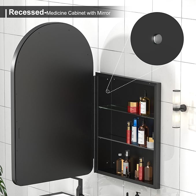 Arched Medicine Cabinet with Mirror, 20x31 Inch Black Recessed Bathroom Cabinet - Image 5
