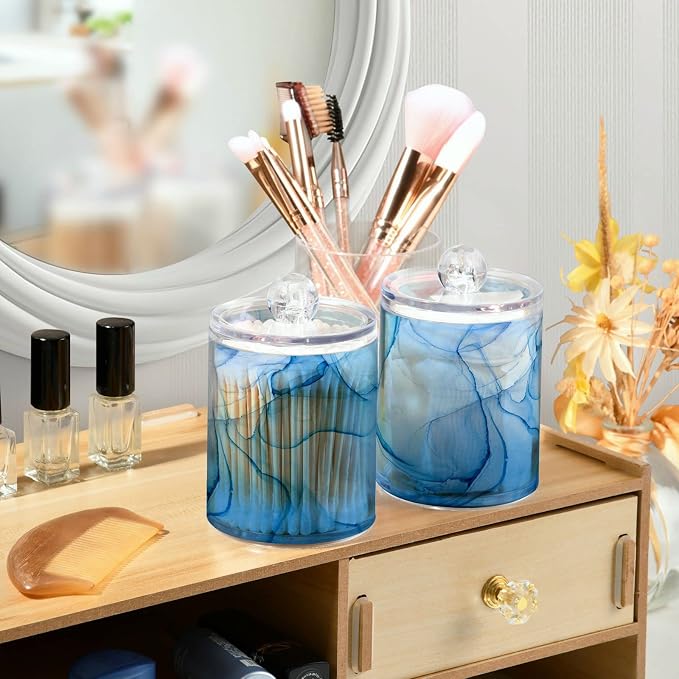 MNSRUU 2 Pack Qtip Holder Organizer Dispenser Blue Marble Fluid Art Bathroom - Image 6
