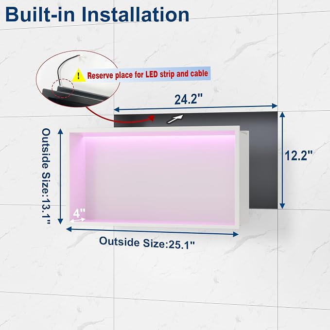 White Stainless Steel Shower Niche 24x12Inch, Dimmable RGB Led Light Wall Niche - Image 3