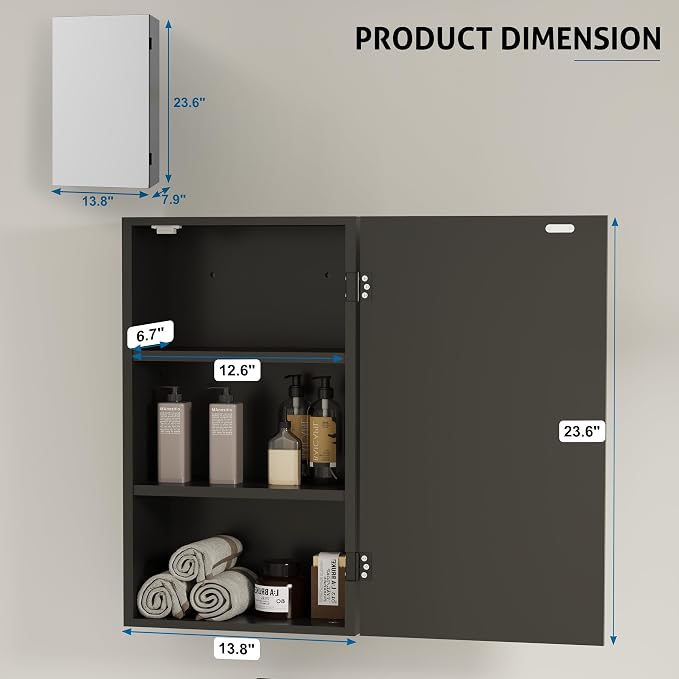 eclife 24" Bathroom Medicine Cabinet W/Mirror, Single Door Bathroom Black Wall - Image 2