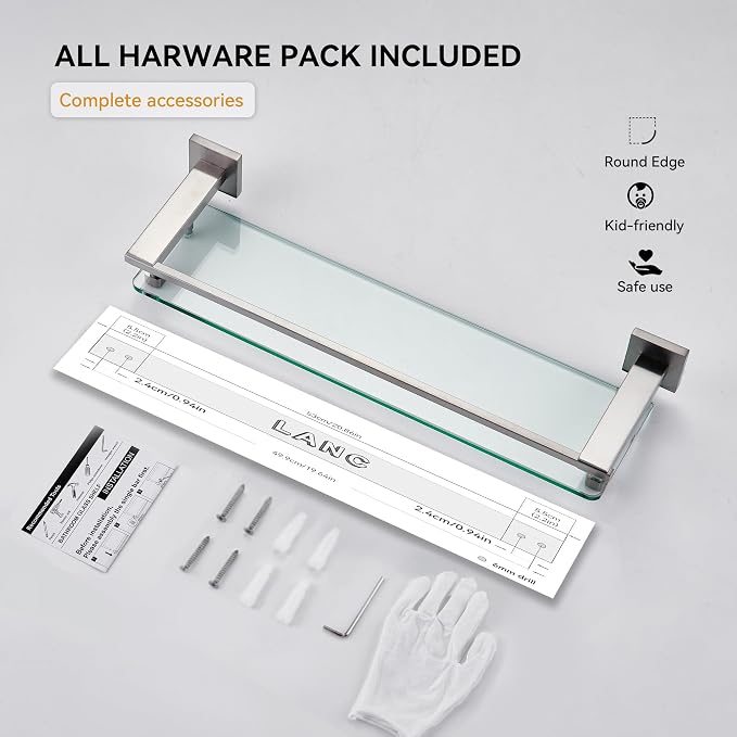 LANC Bathroom Shelves Glass Shelf 20-Inch Brushed Nickel Floating Tempered - Image 8