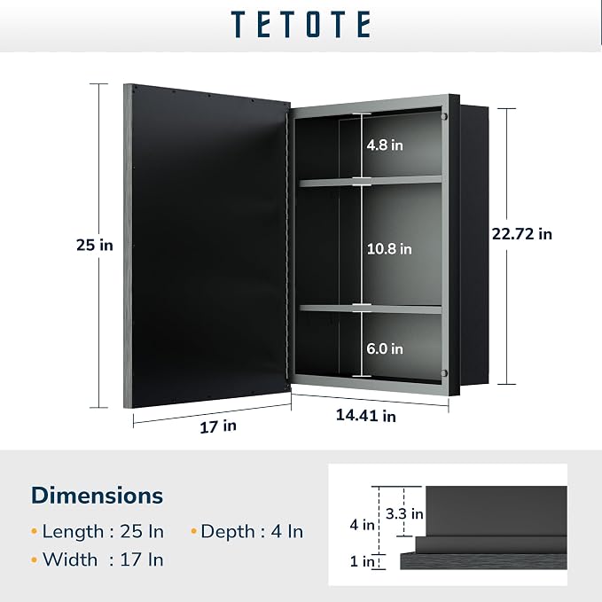 TETOTE Medicine Cabinet with Mirror 17 x 25 Inch Brushed Silver - Image 2