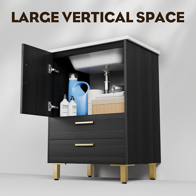 phiestina Fully Pre-Assembled Black 24 inch Bathroom Vanity, 2 Soft Close Doors - Image 5
