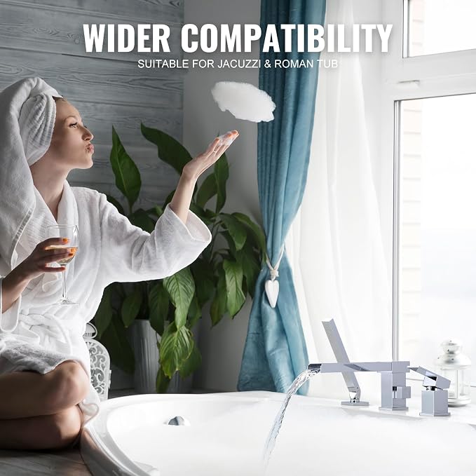 Waterfall Roman Tub Filler Faucet, Deck Mount Bathtub Filler - Image 5