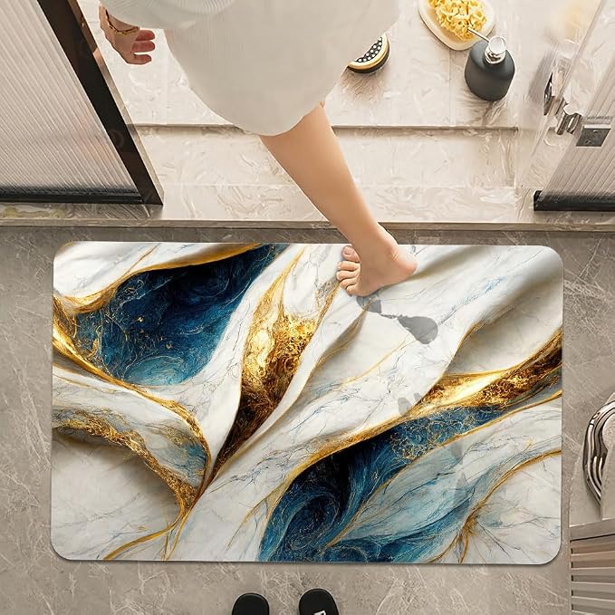 Bath Mat Rug, Abstract Blue and gold marble Non Slip Quick Dry Super Absorbent - Image 7