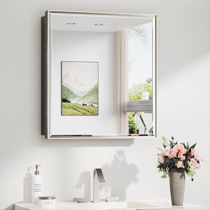 TokeShimi 24x26 Beveled Mirror Medicine Cabinet Recessed, Aluminum Framed Metal by RefinedBathroomAccessories