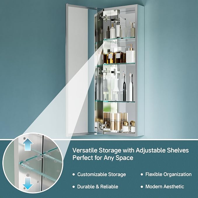 12"x36" Recessed Medicine Cabinet Mirror, Aluminum Silver Medicine Cabinet - Image 5