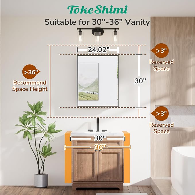 TokeShimi 24x30 Bathroom Mirrored Medicine Cabinet, Recessed Medicine Cabinet - Image 8