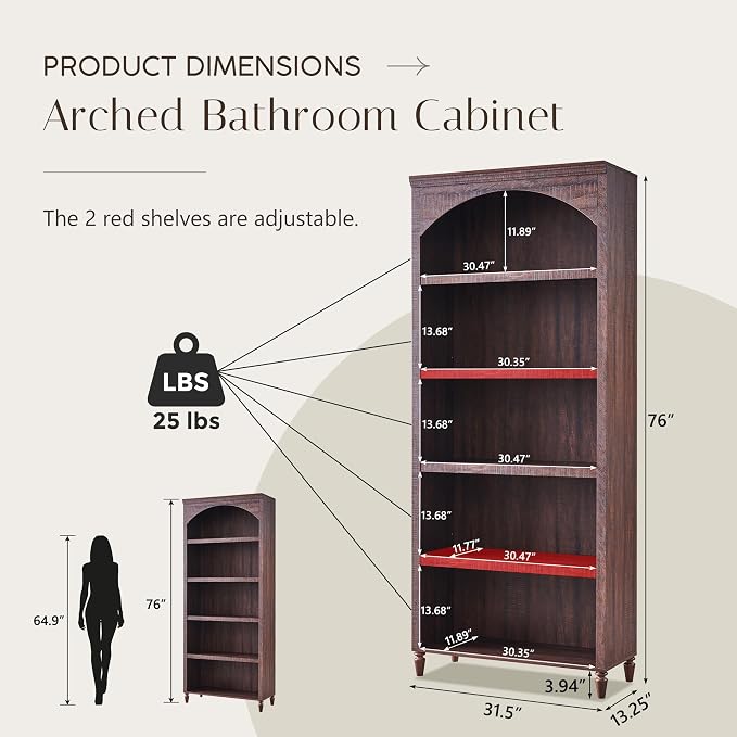 76" Tall Arched Bathroom Storage Cabinet, 5 Tiers Large Farmhouse Arched - Image 2
