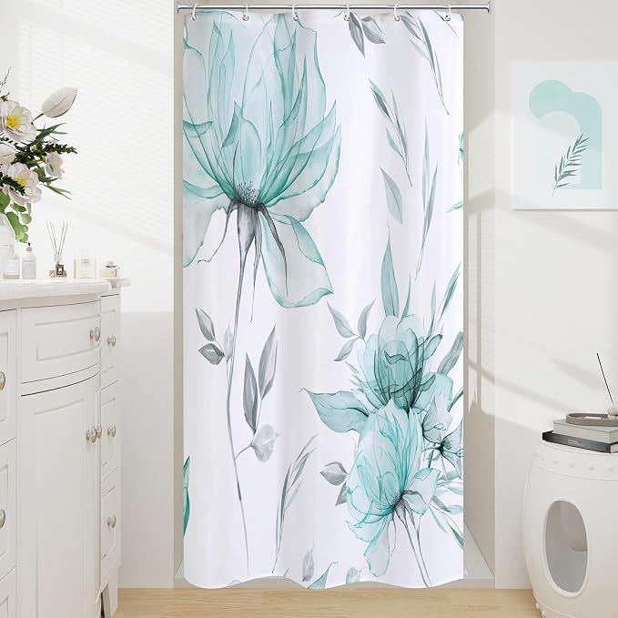 Small Stall Boho Watercolor Floral Shower Curtain 36 x 72, Teal Blue and Grey by Decorateyourhome