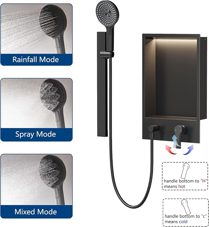 Shower Niche with Round Hand Shower, Sliding Bar and LED Light in Matte - Image 5